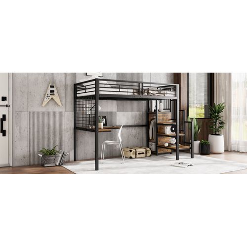 Lit Mezzanine 90 X 200 Cm, Avec Bureau Et Escalier, Noir