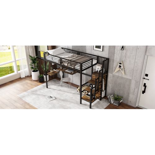 Lit Mezzanine 90 X 200 Cm, Avec Bureau Et Escalier, Noir