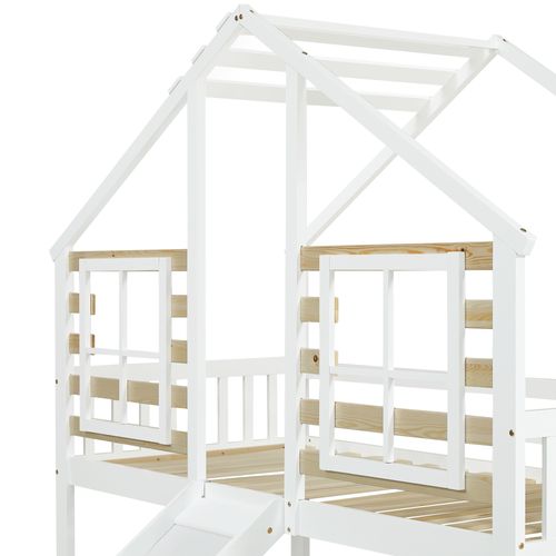 Lit Superposé Enfant 90x200 Cm, Avec Escalier Et Barrières, Avec Toboggan Et Fenêtre , Blanc