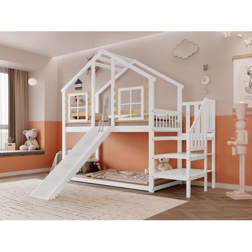 Lit Superposé Enfant 90x200 Cm, Avec Escalier Et Barrières, Avec Toboggan Et Fenêtre , Blanc