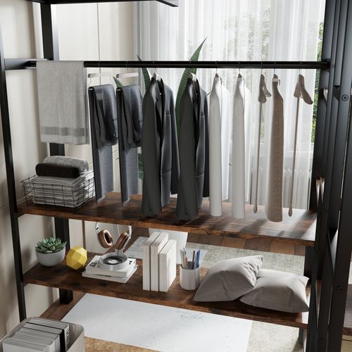 Lit Mezzanine 120x200 Avec Table Et Étagère De Rangement, Avec Armoire Ouverte, Noir