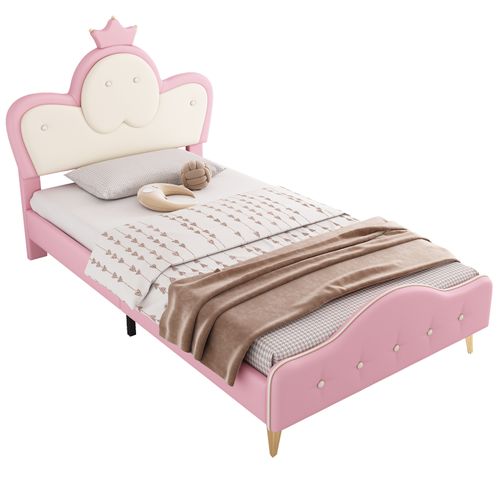 Lit Enfant 90x200cm Avec LED Et Avec Sommier à Lattes, Pu, Rose