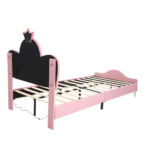 Lit Enfant 90x200cm Avec LED Et Avec Sommier à Lattes, Pu, Rose