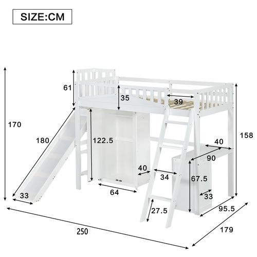 Lit Mezzanine 90 X 200 Cm Avec Table Et Armoire, Blanc