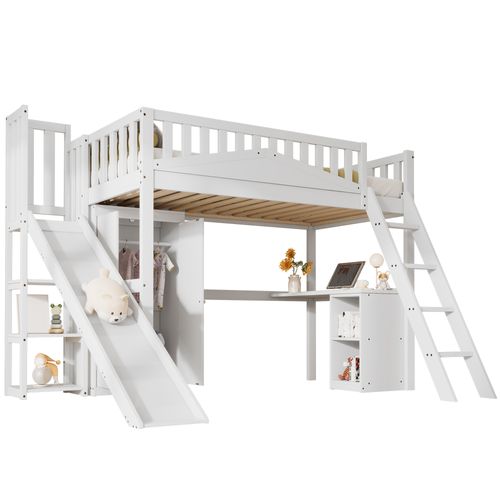 Lit Mezzanine 90 X 200 Cm Avec Table Et Armoire, Blanc