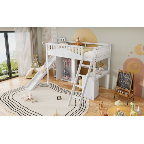 Lit Mezzanine 90 X 200 Cm Avec Table Et Armoire, Blanc