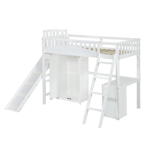 Lit Mezzanine 90 X 200 Cm Avec Table Et Armoire, Blanc