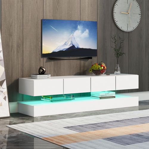 Meuble TV LED Avec Éclairage Rvb 16 Couleurs, 2 Armoires Et 4 Tiroirs, 130 X 33 X 15 Cm, Blanc