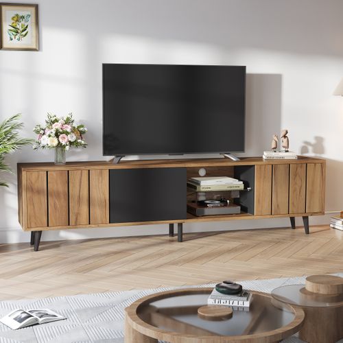 Meuble TV Avec Portes Et Compartiments Ouverts, Bois Et Noir