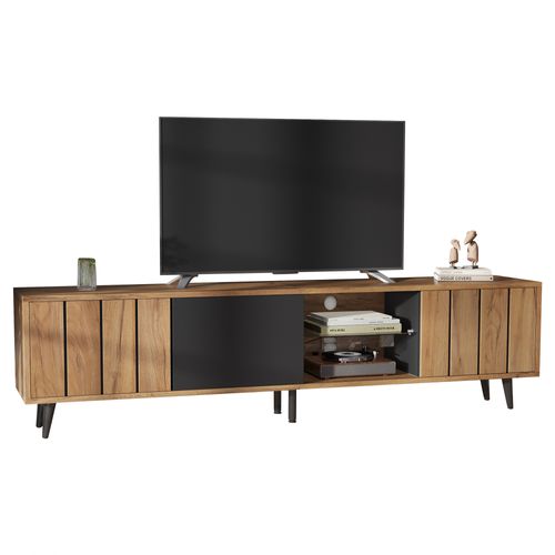 Meuble TV Avec Portes Et Compartiments Ouverts, Bois Et Noir