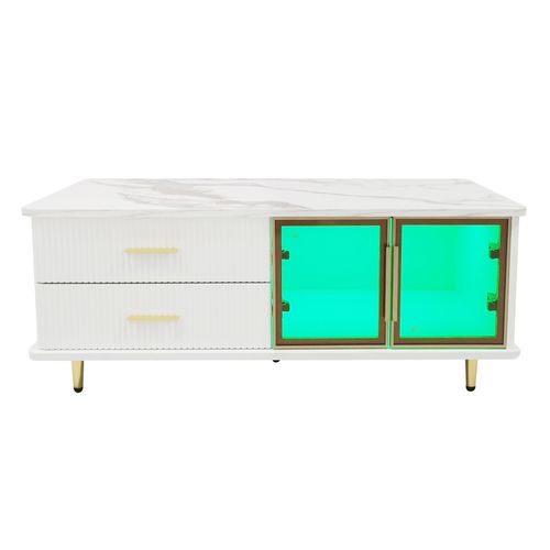 Table Basse LED Moderne, Avec 2 Portes Et 2 Tiroirs Blanc