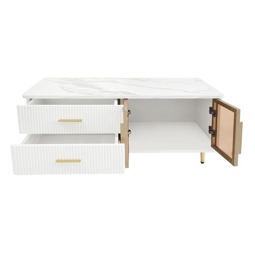 Table Basse LED Moderne, Avec 2 Portes Et 2 Tiroirs Blanc