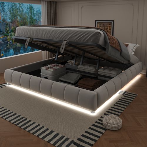 Lit Capitonné, 180 X 200 Cm, Avec Espace De Rangement, Avec LED, Lit Double Sans Tête De Lit, Beige