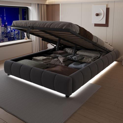 Lit Capitonné, 140 X 200 Cm, Avec Espace De Rangement, Avec LED, Lit Double Sans Tête De Lit, Gris
