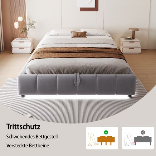 Lit Capitonné, 140 X 200 Cm, Avec Espace De Rangement, Avec LED, Lit Double Sans Tête De Lit, Gris