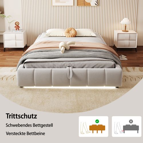 Lit Capitonné, 140 X 200 Cm, Avec Espace De Rangement, Avec LED, Lit Double Sans Tête De Lit, Beige
