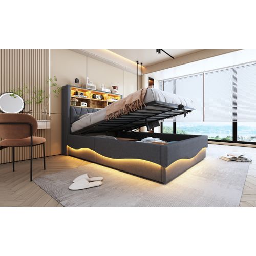Lit 140x200 Avec LED Et USB, Avec Espace De Rangement, Lit Double Avec Sommier à Lattes, Lin, Gris