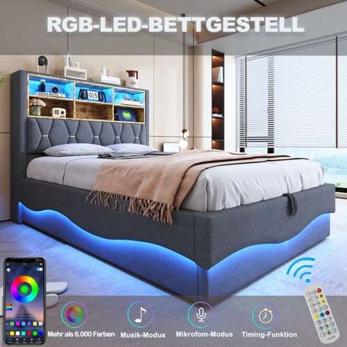 Lit 140x200 Avec LED Et USB, Avec Espace De Rangement, Lit Double Avec Sommier à Lattes, Lin, Gris