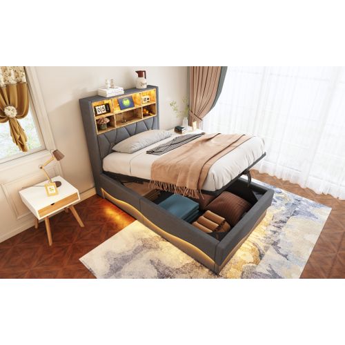 Lit 90x200 Avec LED Et USB, Avec Espace De Rangement, Lit Double Avec Sommier à Lattes, Lin, Gris