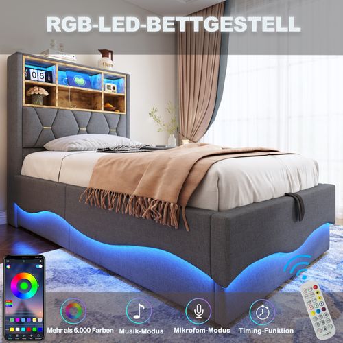 Lit 90x200 Avec LED Et USB, Avec Espace De Rangement, Lit Double Avec Sommier à Lattes, Lin, Gris