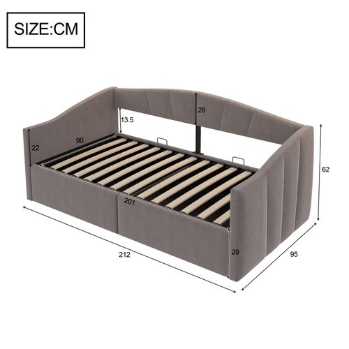 Lit Double 90x200 Cm Avec Rangement Hydraulique, Canapé Lit Avec Sommier à Lattes, Gris Clair