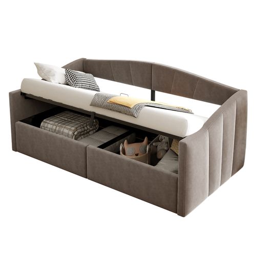 Lit Double 90x200 Cm Avec Rangement Hydraulique, Canapé Lit Avec Sommier à Lattes, Gris Clair