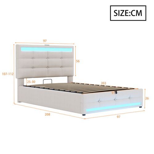 Lit Rembourré, 90 X 200 Cm, Avec LED, 4 Tiroirs De Rangement, Avec Sommier à Lattes, Beige