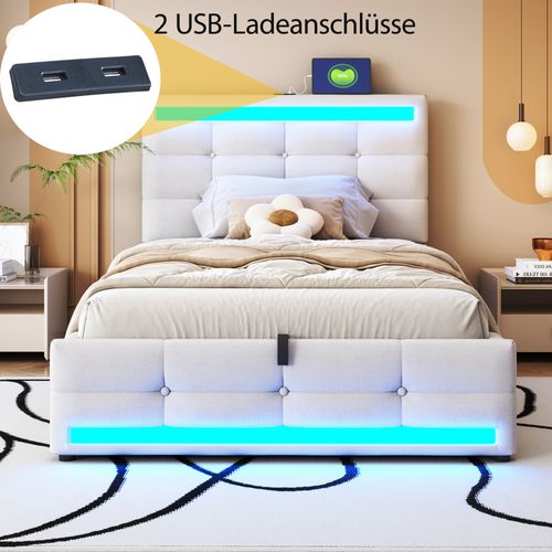 Lit Rembourré, 90 X 200 Cm, Avec LED, 4 Tiroirs De Rangement, Avec Sommier à Lattes, Beige