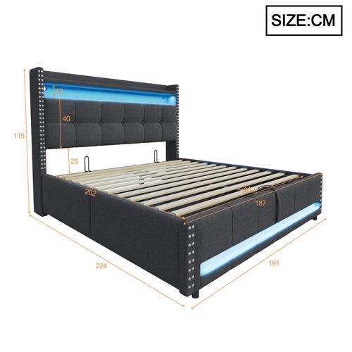 Lit Double 180 X 200 Cm Avec LED Et USB, Tête De Lit Rembourrée, Espace De Rangement, Lin, Gris