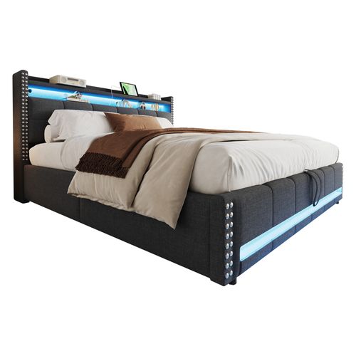 Lit Double 180 X 200 Cm Avec LED Et USB, Tête De Lit Rembourrée, Espace De Rangement, Lin, Gris