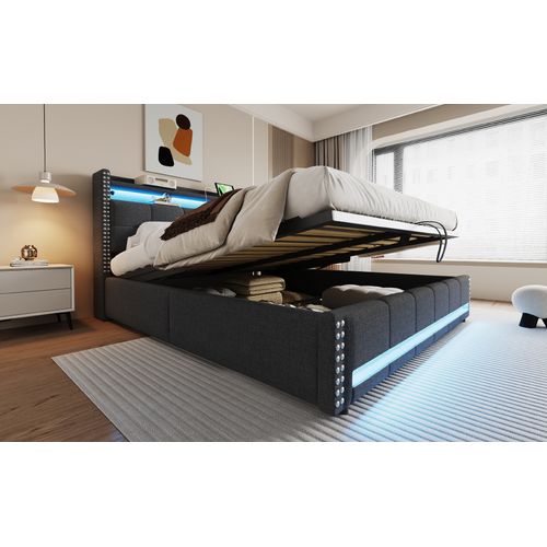 Lit Double 180 X 200 Cm Avec LED Et USB, Tête De Lit Rembourrée, Espace De Rangement, Lin, Gris