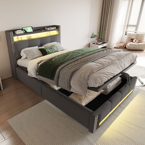 Lit Double 90 X 200 Cm Avec LED Et USB, Tête De Lit Rembourrée, Espace De Rangement, Lin, Gris