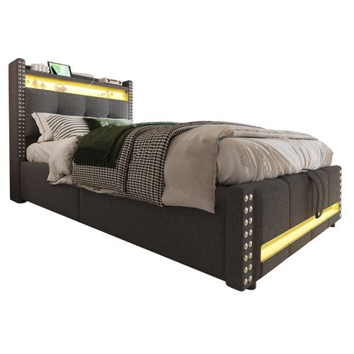 Lit Double 90 X 200 Cm Avec LED Et USB, Tête De Lit Rembourrée, Espace De Rangement, Lin, Gris
