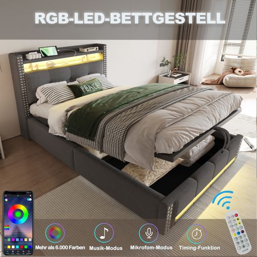 Lit Double 90 X 200 Cm Avec LED Et USB, Tête De Lit Rembourrée, Espace De Rangement, Lin, Gris