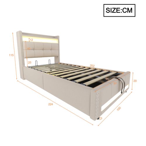 Lit Double 90 X 200 Cm Avec LED Et USB, Tête De Lit Rembourrée, Espace De Rangement, Lin, Beige
