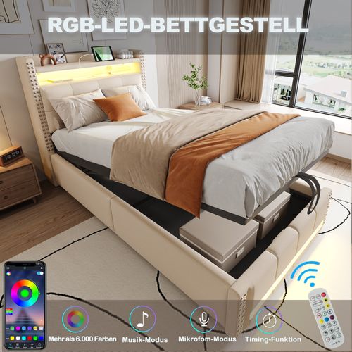 Lit Double 90 X 200 Cm Avec LED Et USB, Tête De Lit Rembourrée, Espace De Rangement, Lin, Beige