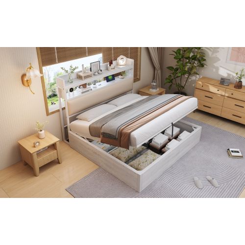 Lit Double Rembourré Avec USB, Avec Espace De Rangement, 180 X 200 Cm, Sommier à Lattes, Blanc