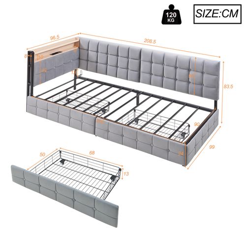 Lit Gigogne 90x200 Cm Avec Tiroirs De Rangement, Avec LED Et Ports USB/usb-c, Gris