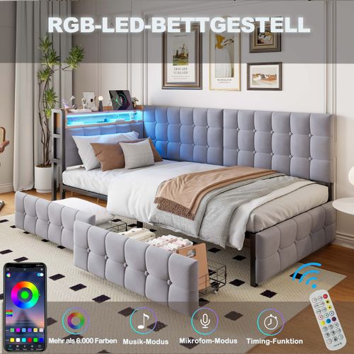 Lit Gigogne 90x200 Cm Avec Tiroirs De Rangement, Avec LED Et Ports USB/usb-c, Gris