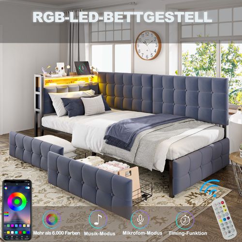 Lit Enfant 90x200 Cm Avec Tiroirs De Rangement, Avec LED Et Ports USB/usb-c, Gris Foncé