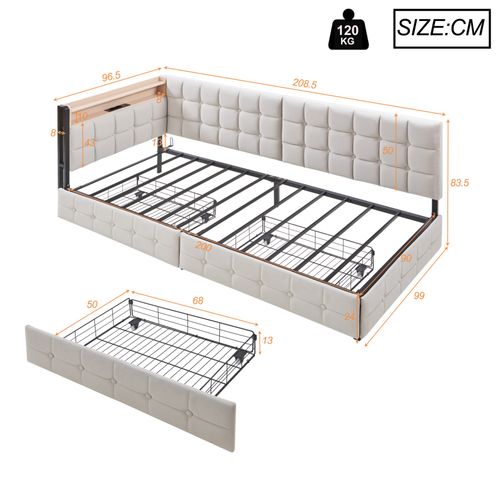 Lit Gigogne 90x200 Cm Avec Tiroirs De Rangement, Avec LED Et Ports USB/usb-c, Beige