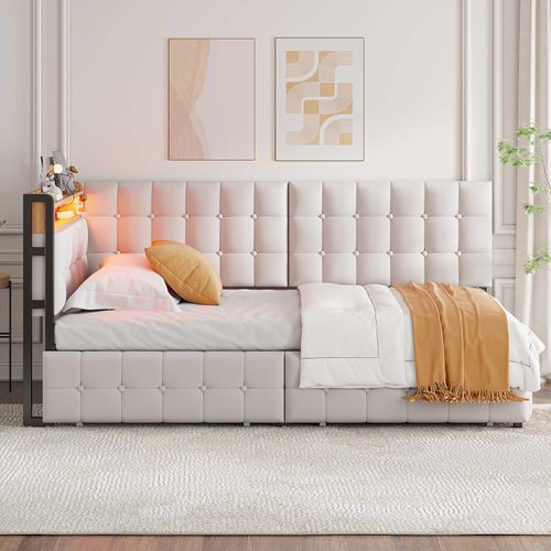 Lit Gigogne 90x200 Cm Avec Tiroirs De Rangement, Avec LED Et Ports USB/usb-c, Beige