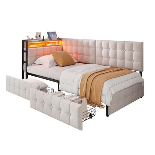 Lit Gigogne 90x200 Cm Avec Tiroirs De Rangement, Avec LED Et Ports USB/usb-c, Beige