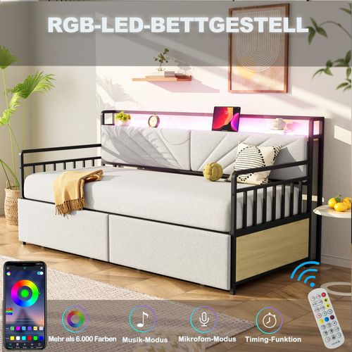 Lit Gigogne 90x200cm Avec Éclairage LED, Prise De Charge Et 2 Tiroirs Rangements, Beige