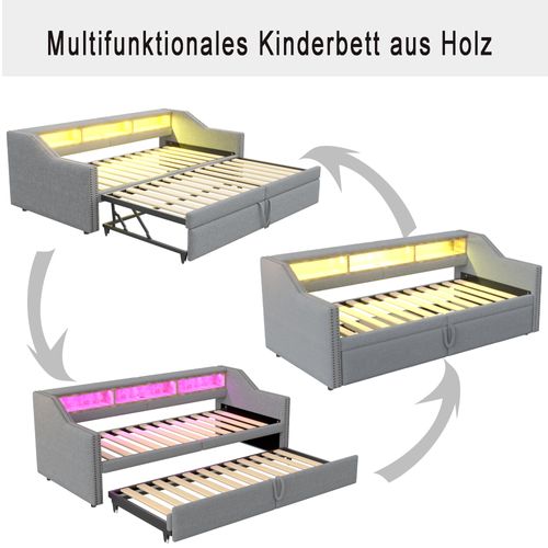 Lit Gigogne 90x200 Cm , Lumière LED Et Prise USB, Avec Sommier à Lattes, Gris Clair