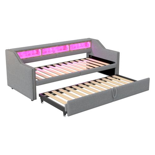 Lit Gigogne 90x200 Cm , Lumière LED Et Prise USB, Avec Sommier à Lattes, Gris Clair