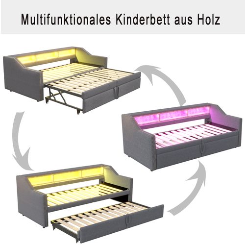 Lit Gigogne 90x200 Cm, Lumière LED Et Prise USB, Avec Sommier à Lattes, Gris Foncé