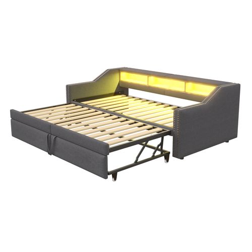 Lit Gigogne 90x200 Cm, Lumière LED Et Prise USB, Avec Sommier à Lattes, Gris Foncé