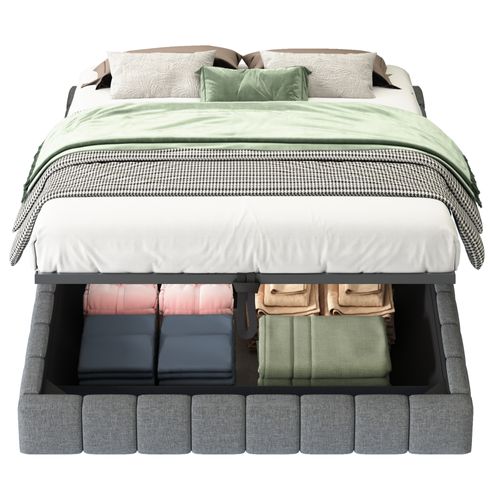 Lit Capitonné140 X 200 Cm, Avec Espace De Rangement, Sans Tête De Lit, Avec LED, Lin, Gris