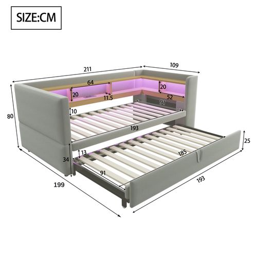 Lit Gigogne 90x190 Cm Avec LED Et USB, Avec Rangement, Gris